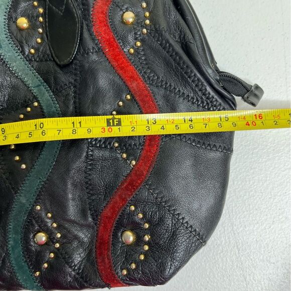 Vintage Black Patchwork Suede Studded Shoulder Handbag Faux Leather Multicolor - Picture 11 of 14